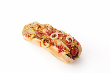 Fresh made Hot dogs with ketchup, mustard and salad