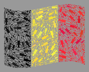 Mosaic waving Belgium flag created with syringe items. Vector virus therapy collage waving Belgium flag designed for treatment wallpapers.
