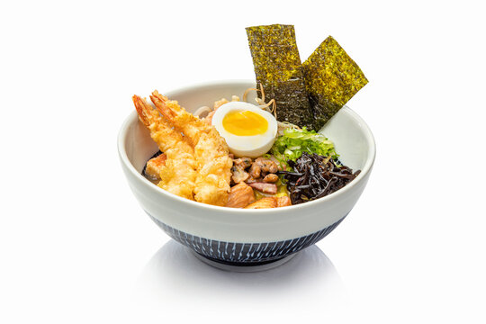 Miso Seafood Ramen on white background