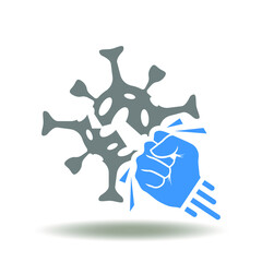 Hand punch crashed virus vector illustration. Kill COVID-19. Victory over the coronavirus.