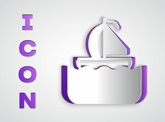 Paper cut Yacht sailboat or sailing ship icon isolated on grey background. Sail boat marine cruise travel. Paper art style. Vector
