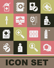 Set Dialogue with the doctor, Bottle nozzle spray, of medicine syrup, Medical prescription, Monitor cardiogram, Pipette, Cross hospital medical tag and IV bag icon. Vector