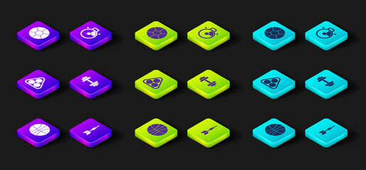 Set Basketball ball, Dart arrow, Billiard balls in rack triangle, Dumbbell, Stopwatch and Football icon. Vector