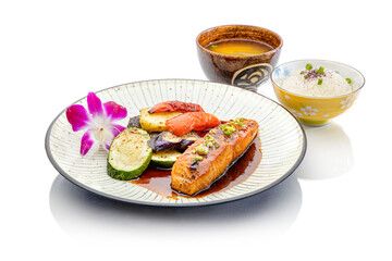 salmon teriyaki on white background