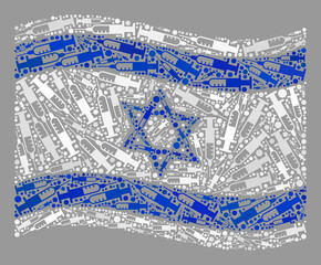 Mosaic waving Israel flag designed of syringe elements. Vector virus therapy collage waving Israel flag organized for outbreak wallpapers. Israel flag collage is formed from randomized syringe items.