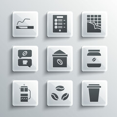 Set Coffee beans, cup to go, jar bottle, Bag coffee, French press, and conversation, Cigarette and Chocolate bar icon. Vector