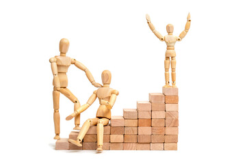 Parents and a successful student raised their hands up, stands on a pedestal. Success of the child...