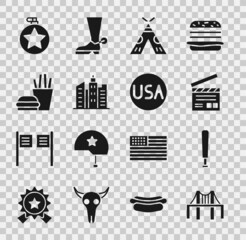 Set Golden gate bridge, Baseball bat, Movie clapper, Indian teepee or wigwam, City landscape, Burger french fries, Canteen water bottle and USA label icon. Vector