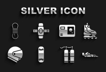 Set Skateboard trick, Roller skate, Formula 1 racing car, Aqualung, Helmet, Action extreme camera, Climber rope and Knee pads icon. Vector