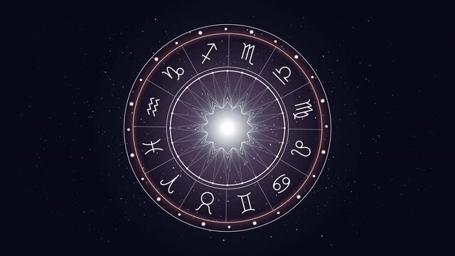 Motion graphic animation. Video of animated horoscope zodiac sign. Astrological background. Simple set of outline icons in a circle.