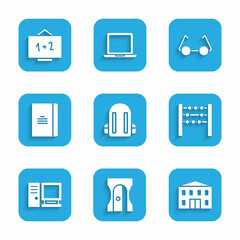 Set School backpack, Pencil sharpener, building, Abacus, Computer monitor, Spiral notebook, Glasses and Chalkboard icon. Vector