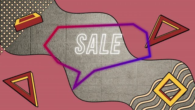 Animation of sale text in retro speech bubble over abstract background