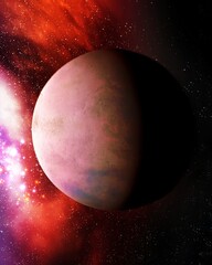 Planet in space near interstellar nebula in red tones. Exoplanet and bright stars. Abstract background 3d illustration.