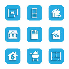 Set House contract, Shopping cart with house, plan, percant discount, dollar symbol, wrong mark and icon. Vector