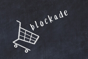 Chalk drawing of shopping cart and word blockade on black chalboard. Concept of globalization and mass consuming