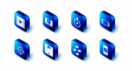 Naklejka premium Set Online play video, Stopwatch, Portable game console, Music note, tone, Bathroom scales, Target sport and Play Video icon. Vector