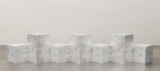 3D render cube podium made of white marble with gold texture.