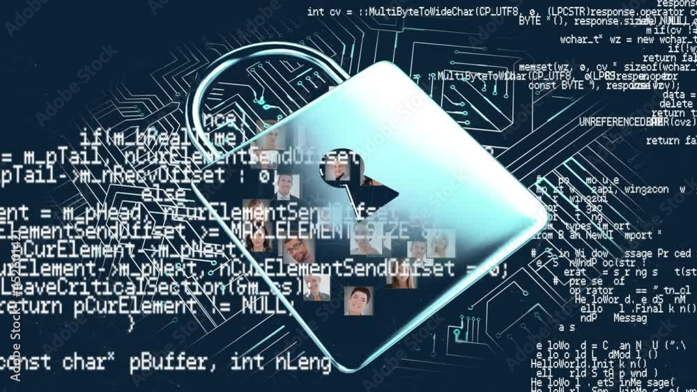 Poster animation of data processing padlock and networks of connections over dark background