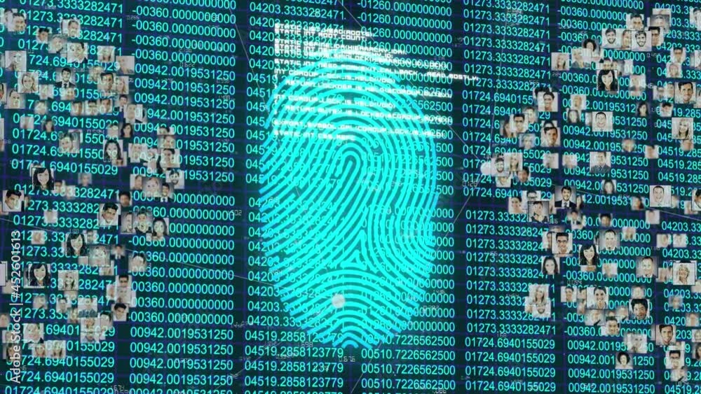 Poster animation of biometric fingerprint data processing and network of connections over dark background