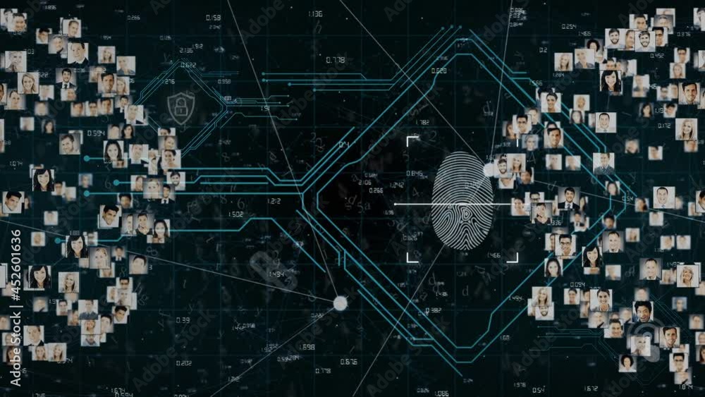 Poster animation of biometric fingerprint data processing and network of connections over dark background