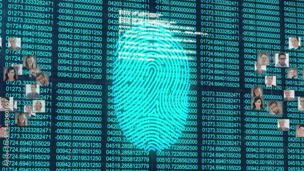 Poster animation of biometric fingerprint data processing and network of connections over dark background