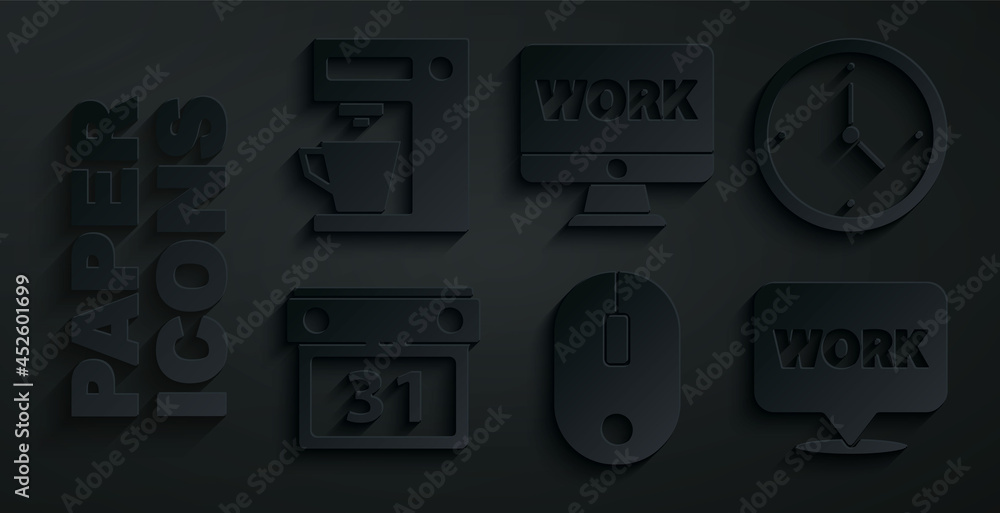 Aufkleber set computer mouse, clock, calendar, location with text work, monitor and coffee machine icon. vecto