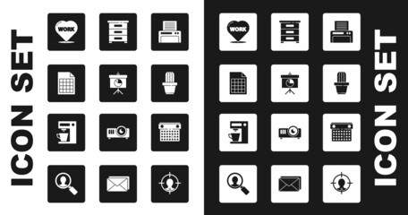 Set Printer, Chalkboard with diagram, File document, Heart text work, Cactus and succulent pot, Drawer documents, Calendar and Coffee machine icon. Vector