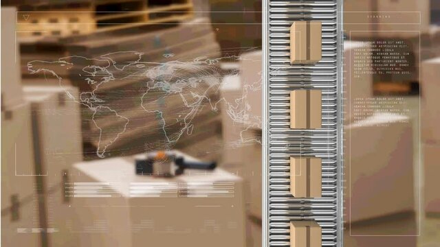 Animation of network of connections and packages on belt conveyor roller over shelves in warehouse