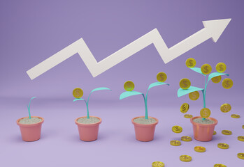 Growing Tree and Falling gold coins with investment finance  and banking concept. growing tree and  Falling golden dollar coins like income graph. Small to big Tree and dollar coins icon. 3D rendering