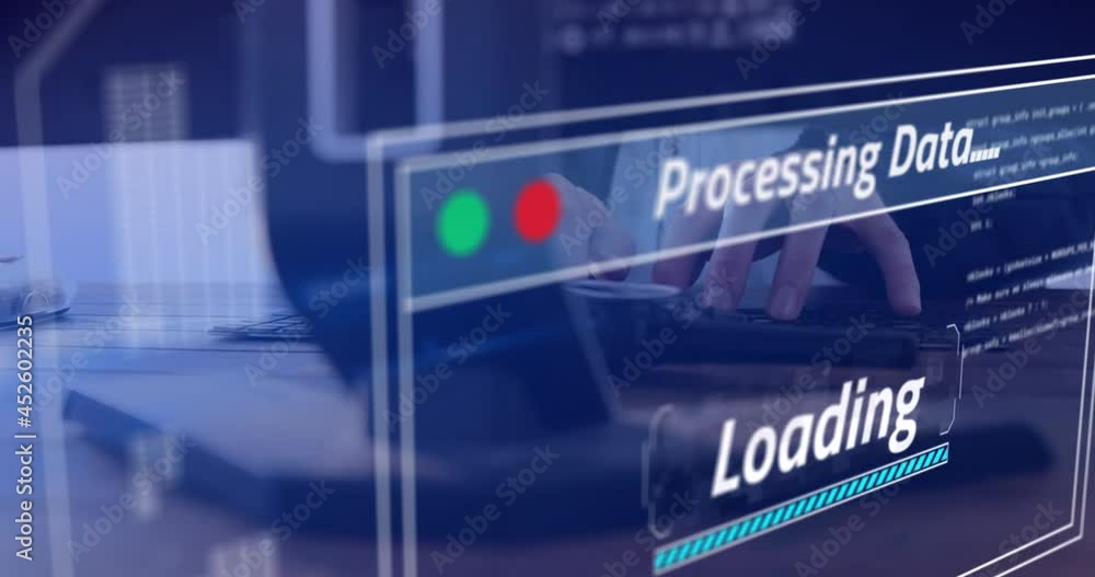 Poster animation of data processing over businessman in office