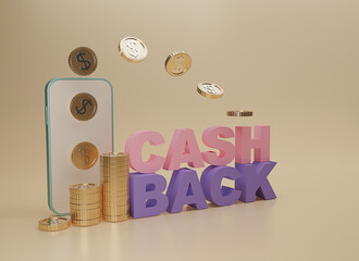 3D render cash back icon with gold coin and smart phone isolate on beige background. cashback or Refund money service design. Online payment on beige background. Income, savings, investment, 3d render