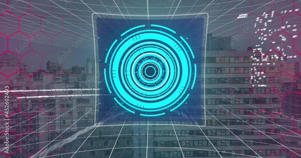Aufkleber animation of data processing over cityscape
