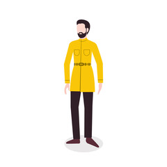 Autumn elegant style. Vector icon in flat design. Adult man with beard in yellow raincoat isolated on white backdrop