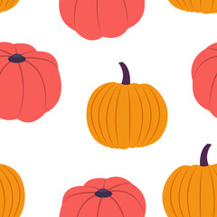 Squashes. Vector seamless pattern in cartoon style. Red and orange pumpkins on white background