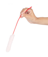 Hand holding Toy cat wand is designed for interactive play isolated on a white background.