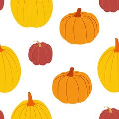 Pumpkins. Vector seamless pattern in flat design. Various red, orange and yellow squashes on white background