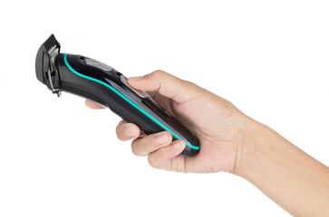 Hand holding Wireless hair trimmer and beard isolated on the a white background.