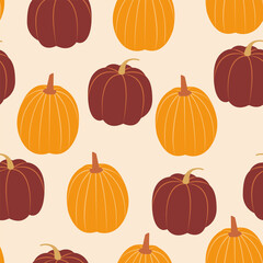 Pumpkins. Autumn season. Vector seamless pattern. Cartoon style. Various orange and red squashes on beige background. Fall season symbols