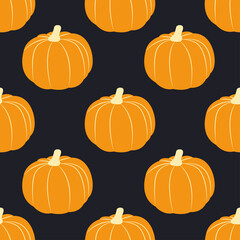 Vector seamless pattern with pumpkins. Flat design. Orange squashes on black background. Fall season symbols