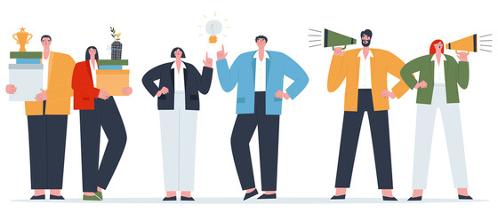 Male and female co-workers standing together. Flat vector illustration of people. 