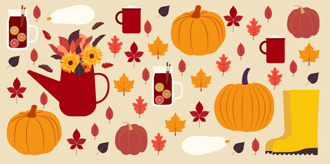 Fall season items background. Vector illustration in flat design. Autumn. Hot chocolate, mulled wine, falling leaves, pumpkins and boots on beige backdrop