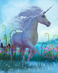 Fototapety  Unicorn Fantasy - A white Unicorn stallion walks through a garden full of flowers and plants.