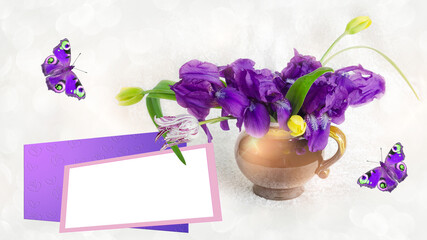 Light background with a bouquet of purple flowers and a place in a text frame