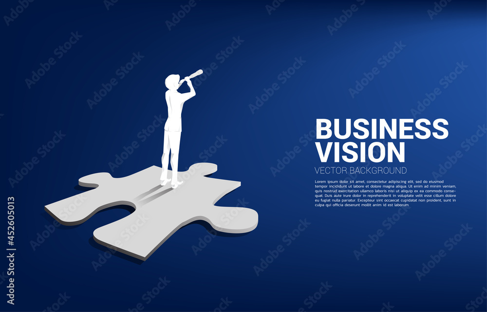Poster silhouette of businessman looking through telescope on jigsaw piece. business concept for mission an
