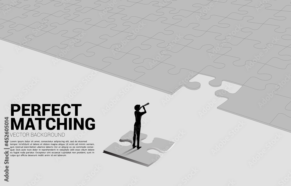 Poster silhouette of businessman looking through telescope on jigsaw piece. business concept for mission an