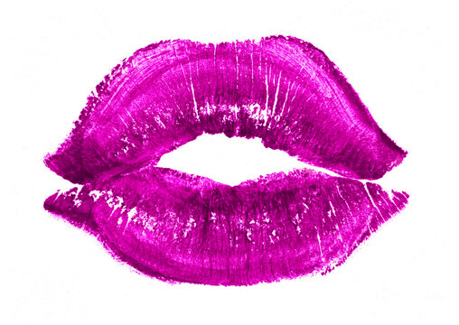 Pink lipstick kiss. Imprint or print of pink lipstick on a white background, isolated. Makeup female lips. Sexy pink lips on white, kiss. Trace of lipstick.