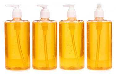 Collection of Shower gel pump container plastic isolated on white background.