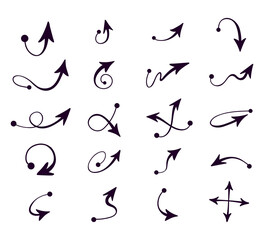 Set of hand-drawn vector arrows in different directions in doodle style.
