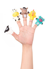 Hand wearing 5 finger puppets isolated on a white background.