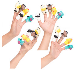 Set of Hand wearing 5 finger puppets isolated on a white background.